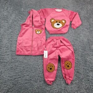 RZHTZ Pants Set Girls XL Pink Fleece Bear Sweatshirt Vest Joggers 3 Piece NWT